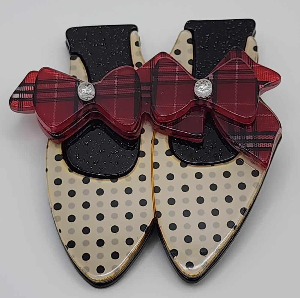 Acrylic Women's Shoes Brooch w / Red Plaid Bows & Polka Dot Shoes
